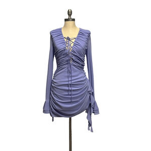 OH POLLY Bodycon Dress So 6 Stretchy Rushed Mini Dress Purple Lilac Deep V Neck